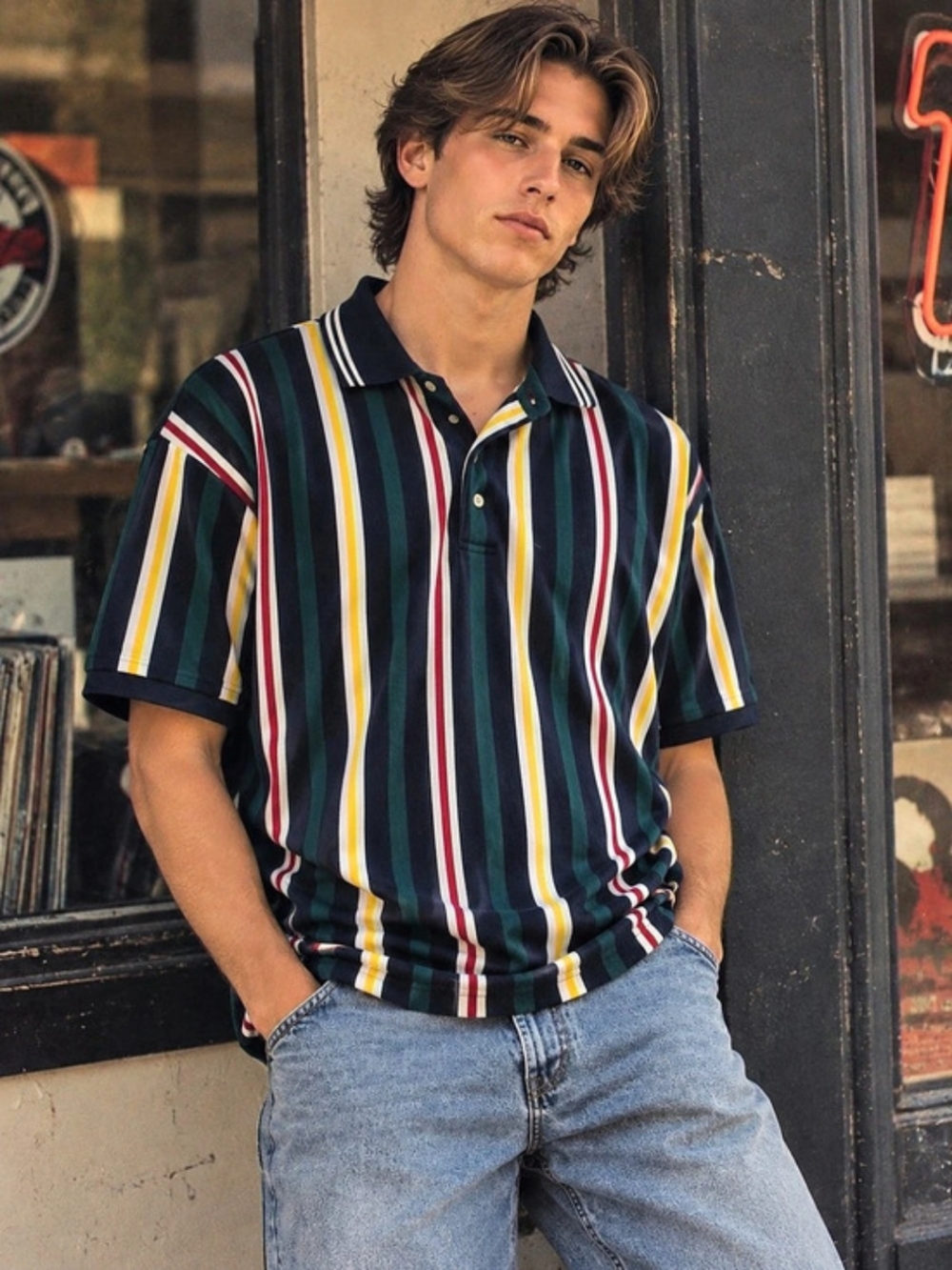 Vintage 90s Bugle Boy Polo Shirt Mens M Multicolor Striped Preppy Grandpa Core